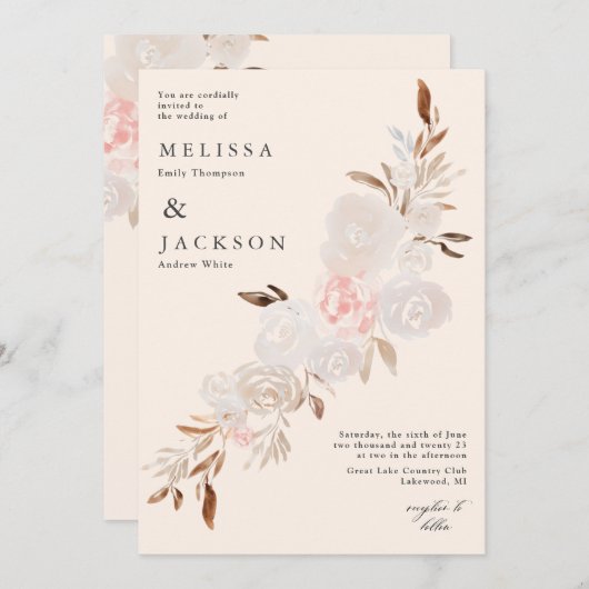 ウォーターカラークリームバラベージュ結婚式招待状 招待状 (正面/裏面)