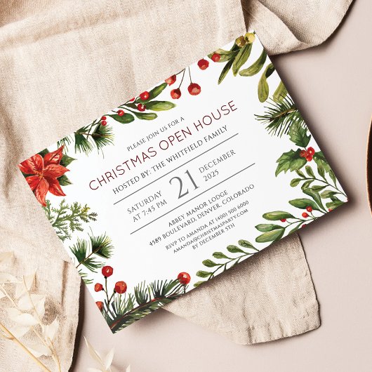 ウォーターカラーグリーナリーアンドベリーホリデーオープンハウス インビテーションポストカード