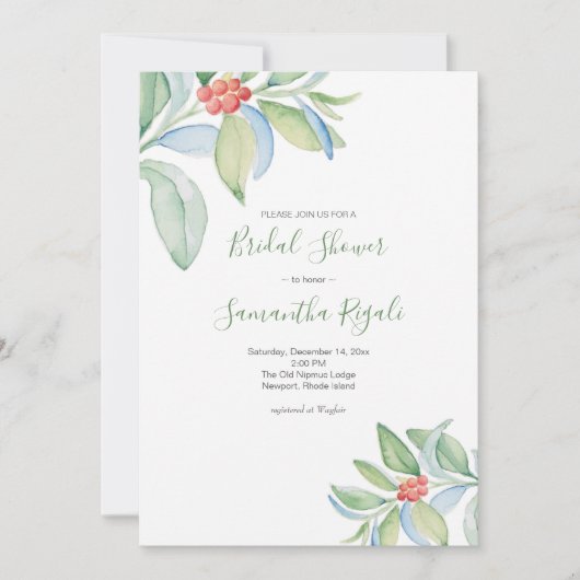 ウォーターカラーグリーナリークリスマスブライダルシャワー 招待状 (正面)