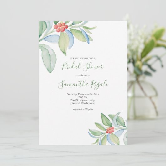 ウォーターカラーグリーナリークリスマスブライダルシャワー 招待状 (スタンド正面)