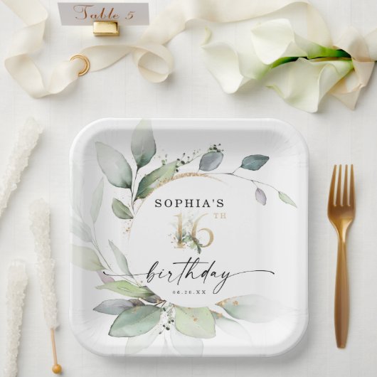 ウォーターカラーグリーナリースイート16th誕生日 ペーパープレート (ウェディング)