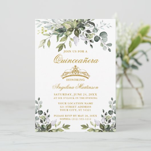 ウォーターカラーグリーナリーセージ緑キンセアニラ金ゴールド 招待状 (スタンド正面)