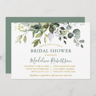 ウォーターカラーグリーナリーセージ緑金ゴールドブライダルシャワー 招待状
