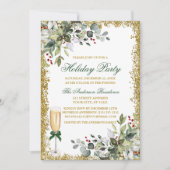 ウォーターカラーグリーナリーベリーグリッターホリデーパーティー 招待状 (正面)