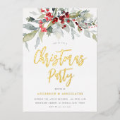 ウォーターカラーグリーナリーホリデークリスマスパーティー金ゴールド 箔招待状 (正面)