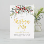 ウォーターカラーグリーナリーホリデークリスマスパーティー金ゴールド 箔招待状 (立ち正面)