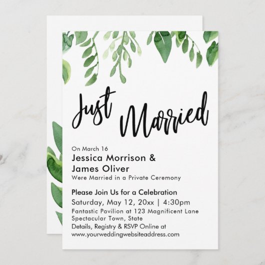 ウォーターカラーグリーンたった今結婚しましたお祝い 招待状 (正面/裏面)
