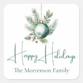 ウォーターカラーグリーンオーナメントトレンディーホリデーパーティー スクエアシール (正面)