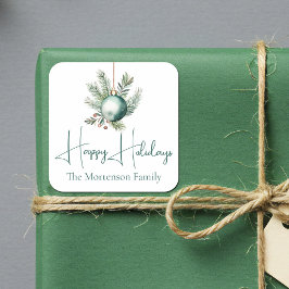 ウォーターカラーグリーンオーナメントトレンディーホリデーパーティー スクエアシール
