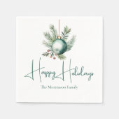 ウォーターカラーグリーンオーナメントトレンディーホリデーパーティー スタンダードカクテルナプキン (正面)