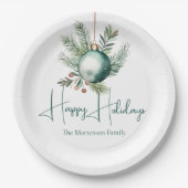 ウォーターカラーグリーンオーナメントトレンディーホリデーパーティー ペーパープレート (正面)