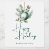 ウォーターカラーグリーンオーナメントトレンディーホリデーパーティー ワインラベル (シングルラベル)