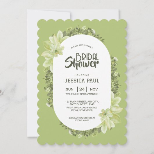 ウォーターカラーグリーンクリビアフローラブライダルシャワー 招待状 (正面)