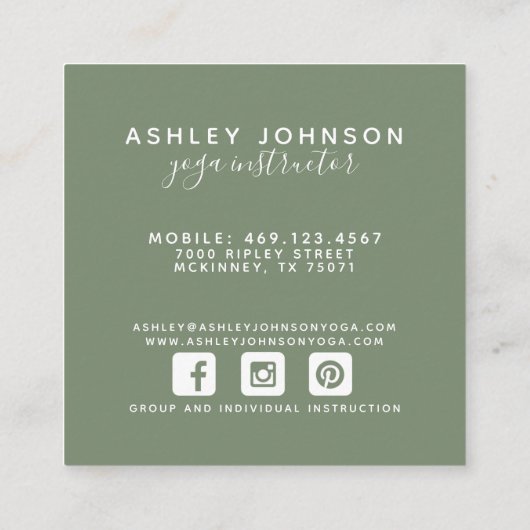 ウォーターカラーグリーンタイポグラフィホワイト&グリーン スクエア名刺 (裏面)