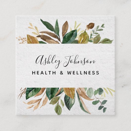 ウォーターカラーグリーンタイポグラフィホワイト&グリーン スクエア名刺 (正面)