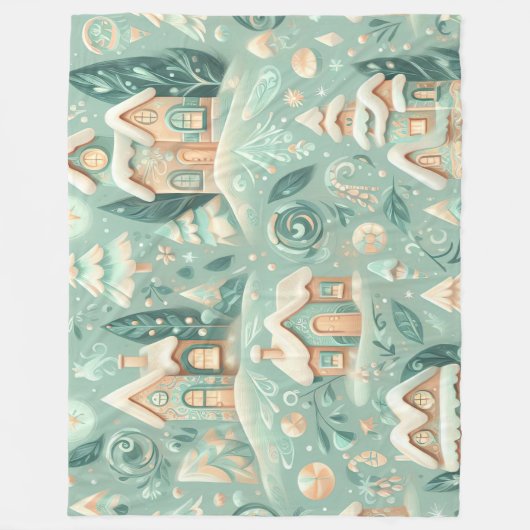 ウォーターカラーグリーンハウスクリスマスモティフスホリデー フリースブランケット (正面)