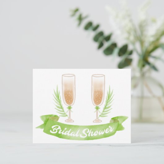 ウォーターカラーグリーンブライダルシャワーシャンパングラス インビテーションポストカード (スタンド正面)