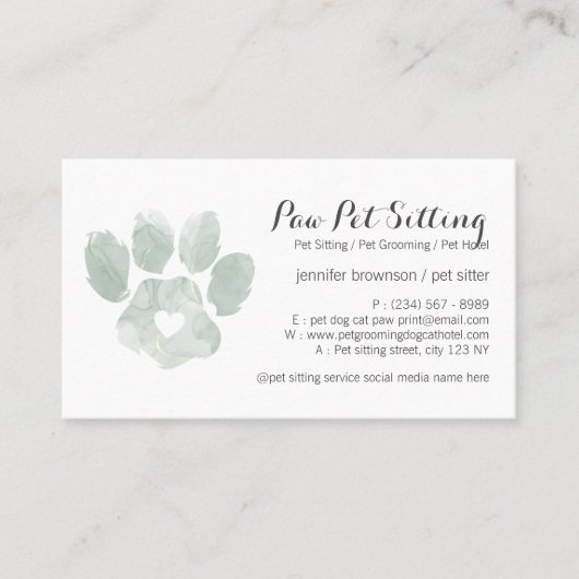 ウォーターカラーグリーンペットシッターグルーミングポー 名刺 (正面)