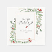 ウォーターカラーグリーンボタニカルレッドベリーカスタム スタンダードカクテルナプキン (正面)