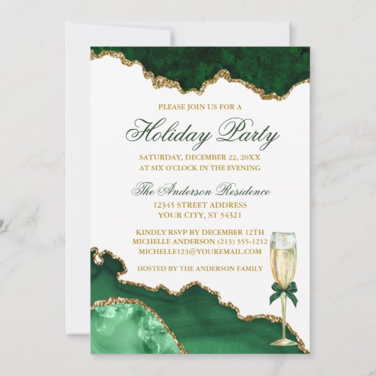 ウォーターカラーグリーンマーブル金ゴールドホリデーパーティー 招待状 (正面)