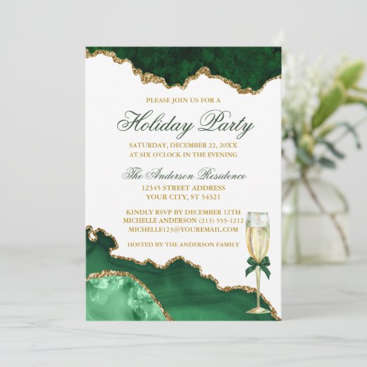 ウォーターカラーグリーンマーブル金ゴールドホリデーパーティー 招待状 (スタンド正面)