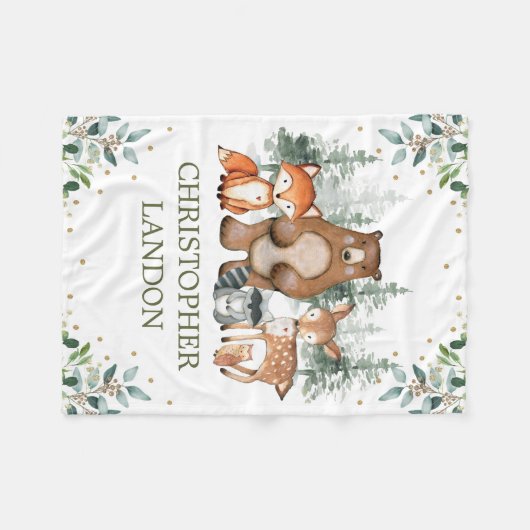 ウォーターカラーグリーンリーウッドランドフォレストボーイ子供部屋 フリースブランケット (正面(横))