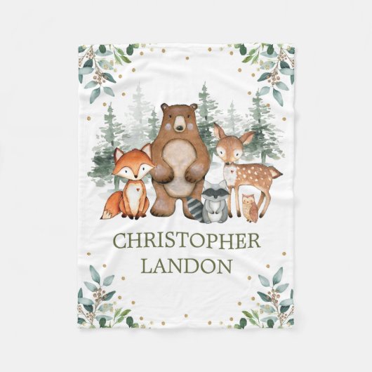 ウォーターカラーグリーンリーウッドランドフォレストボーイ子供部屋 フリースブランケット (正面)