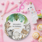 ウォーターカラーグリーンリーサファリアニマルズ誕生日 ペーパープレート (パーティー)