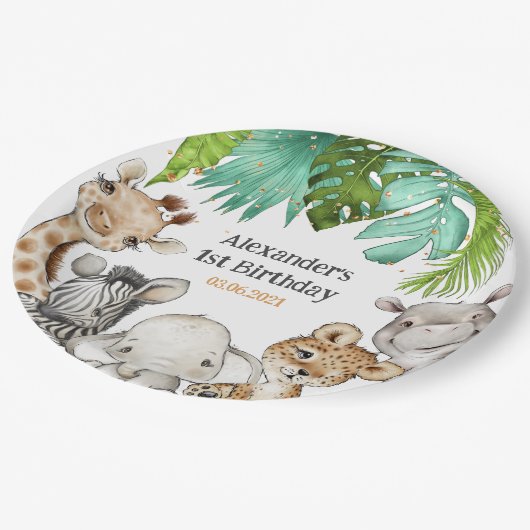 ウォーターカラーグリーンリーサファリアニマルズ誕生日 ペーパープレート (アングル)