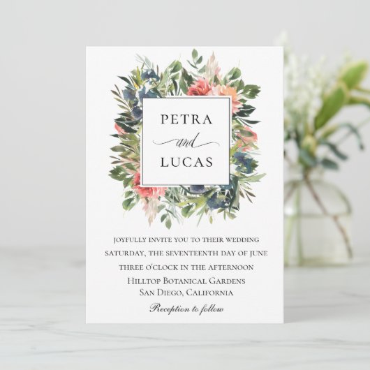 ウォーターカラーグリーンリーネイビーコーラル結婚フローラ 招待状 (スタンド正面)