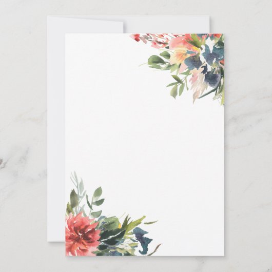 ウォーターカラーグリーンリーネイビーコーラル結婚フローラ 招待状 (裏面)