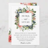 ウォーターカラーグリーンリーネイビーコーラル結婚フローラ 招待状 (正面/裏面)