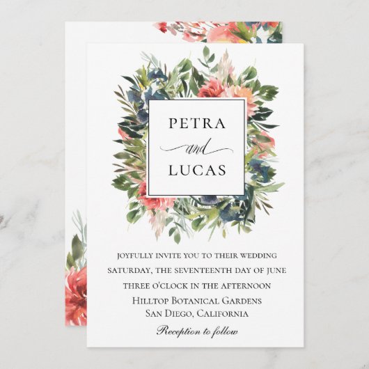 ウォーターカラーグリーンリーネイビーコーラル結婚フローラ 招待状 (正面/裏面)