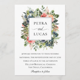 ウォーターカラーグリーンリーネイビーコーラル結婚フローラ 招待状