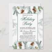 ウォーターカラーグリーンリーパインコーンホリデイパーティー 招待状 (正面)