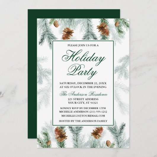 ウォーターカラーグリーンリーパインコーンホリデイパーティー 招待状 (正面/裏面)