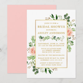 ウォーターカラーグリーンリーピンクローズブライダルシャワー金ゴールド 招待状