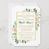 ウォーターカラーグリーンリーピンクローズ金ゴールドブライダルシャワー 招待状 (正面)