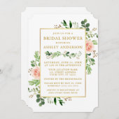 ウォーターカラーグリーンリーピンクローズ金ゴールドブライダルシャワー 招待状 (正面/裏面)