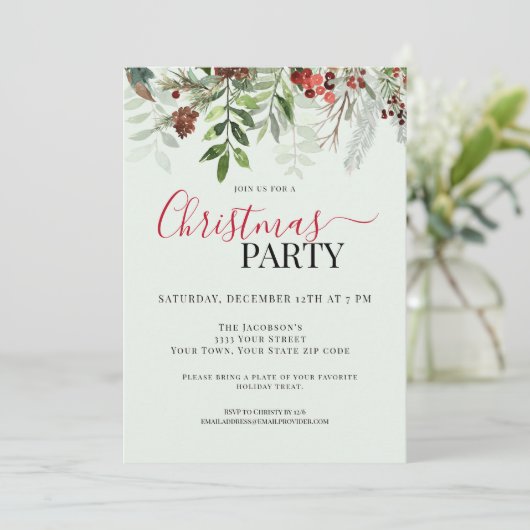 ウォーターカラーグリーンリーフローラクリスマスホリデーパーティー 招待状 (スタンド正面)