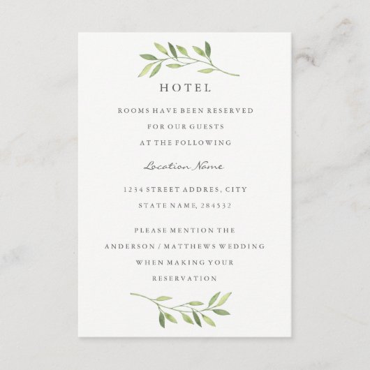 ウォーターカラーグリーンリーフ結婚ズホテルアコモデーション エンクロージャーカード (正面)