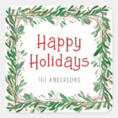 ウォーターカラーグリーンリーベリーハッピーホリデーズリース スクエアシール (正面)