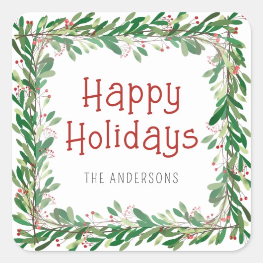 ウォーターカラーグリーンリーベリーハッピーホリデーズリース スクエアシール (正面)