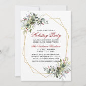 ウォーターカラーグリーンリーベリーホリデーパーティレッド 招待状 (正面)