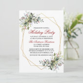 ウォーターカラーグリーンリーベリーホリデーパーティレッド 招待状 (スタンド正面)