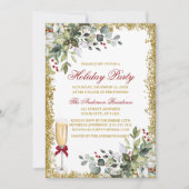 ウォーターカラーグリーンリーベリーレッドホリデーパーティー 招待状 (正面)