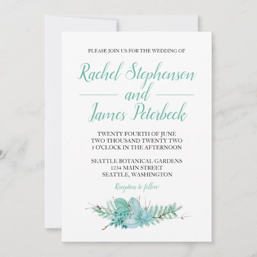 ウォーターカラーグリーンリーボタニカル結婚式招待状 招待状 (正面)