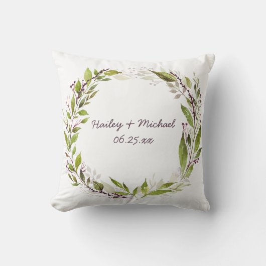 ウォーターカラーグリーンリーリースパープルベリーズつる植物 クッション (正面)