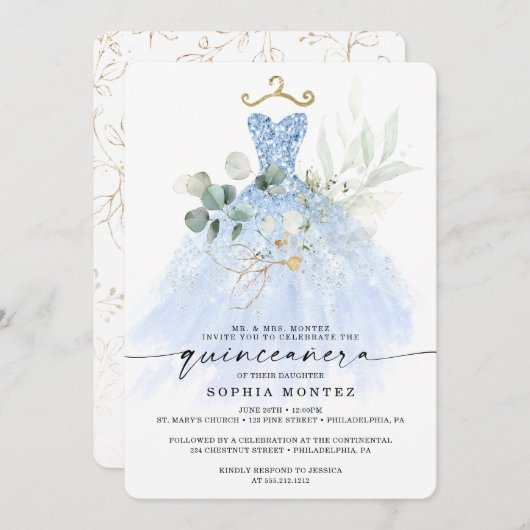 ウォーターカラーグリーンリー金ゴールドキンセニェラ誕生日インビ 招待状 (正面/裏面)