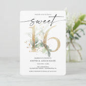 ウォーターカラーグリーンリー金ゴールドスイート16誕生日 招待状 (スタンド正面)